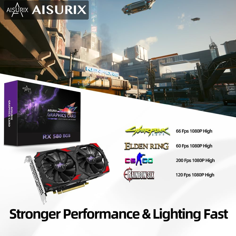AISURIX RX 580 8GB GDDR5 Graphics Card 2*HDMI/1*DP Gaming GPU
