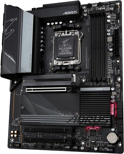 GIGABYTE B650 AORUS Elite AX AMD AM5 ATX Motherboard, Support Ryzen 9000/8000/7000 Series, DDR5, 14+2+1 Power Phase, Pcie 5.0 M.2, USB-C 3.2 Gen 2, WIFI6E, 2.5Gbe, Ez-Latch, Q-Flash, RGB Fusion