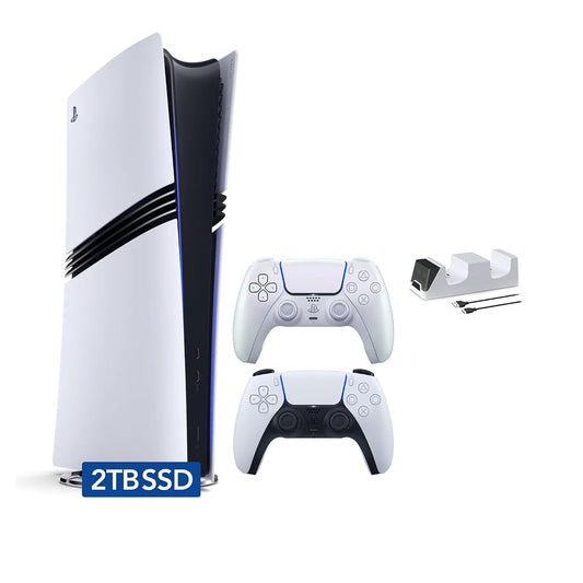 Sony Playstation 5 Pro 2TB SSD Digital Console with Two Controllers, White and Chroma Pearl Dualsense and Dual Controller Charger - Flagship PS5 Pro Console
