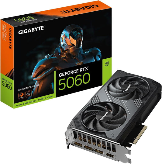GIGABYTE Geforce RTX 5060 WINDFORCE OC 8G Graphics Card, Cooling System, 8GB 128-Bit GDDR7, Pcie 5.0, Manufactured by NVIDIA, Displayport & HDMI - Video Output Interface, GV-N5060WF2OC-8GD Video Card