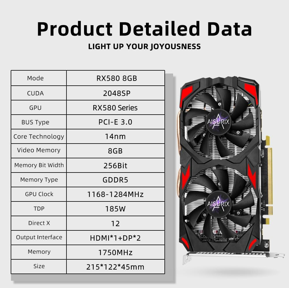 AISURIX RX 580 8GB GDDR5 Graphics Card 2*HDMI/1*DP Gaming GPU