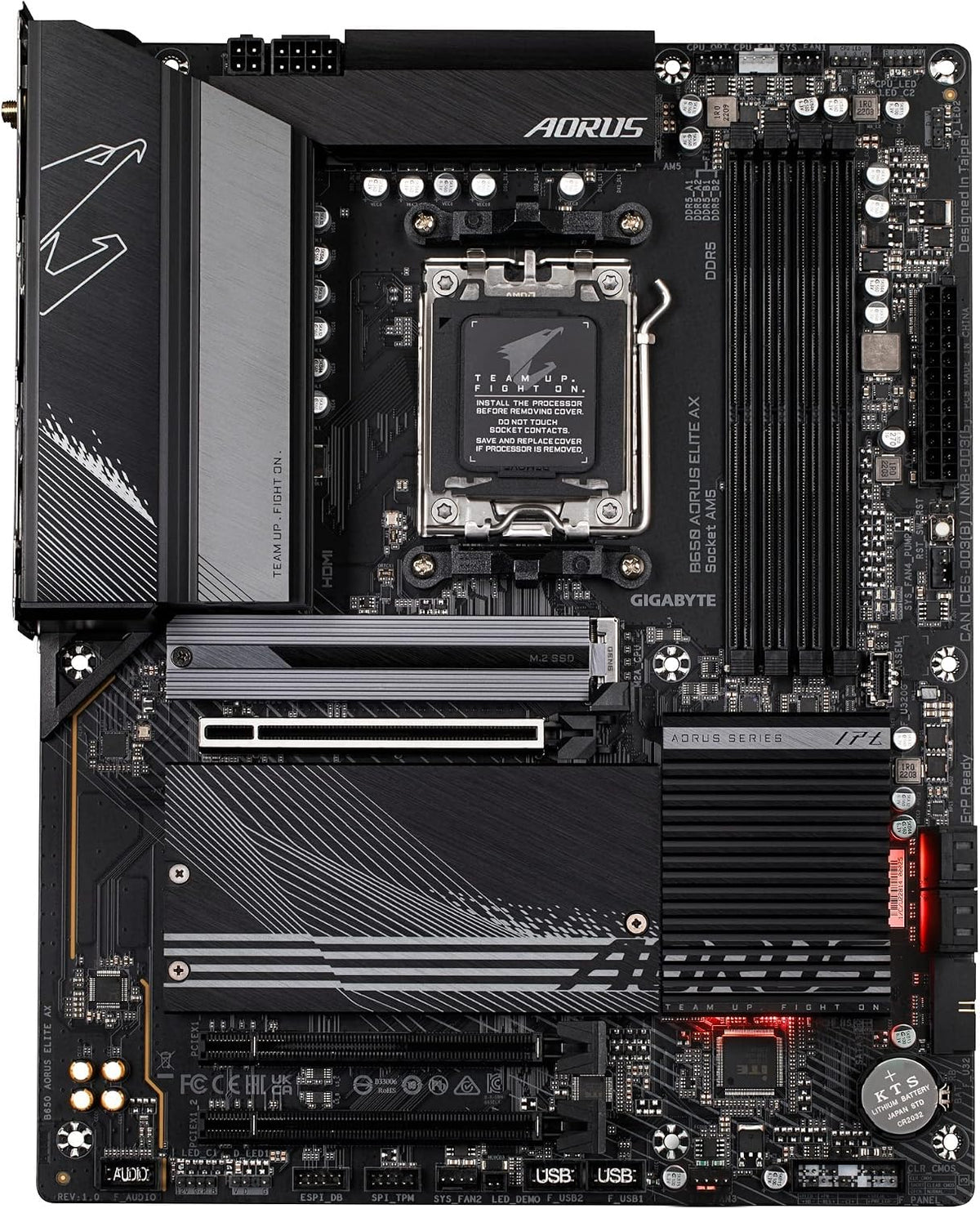 GIGABYTE B650 AORUS Elite AX AMD AM5 ATX Motherboard, Support Ryzen 9000/8000/7000 Series, DDR5, 14+2+1 Power Phase, Pcie 5.0 M.2, USB-C 3.2 Gen 2, WIFI6E, 2.5Gbe, Ez-Latch, Q-Flash, RGB Fusion