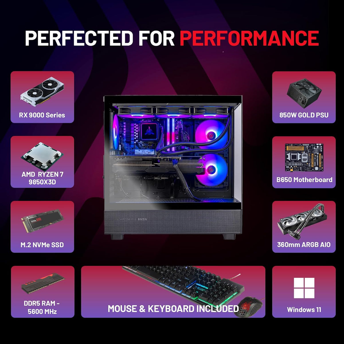 Skytech Gaming PC Desktop, Ryzen 7 9850X3D, RX 9070 XT, 32GB RAM, 2TB SSD